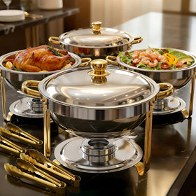 ALSO GO round chafing dishes with gold edge for elegant buffet presentation at weddings