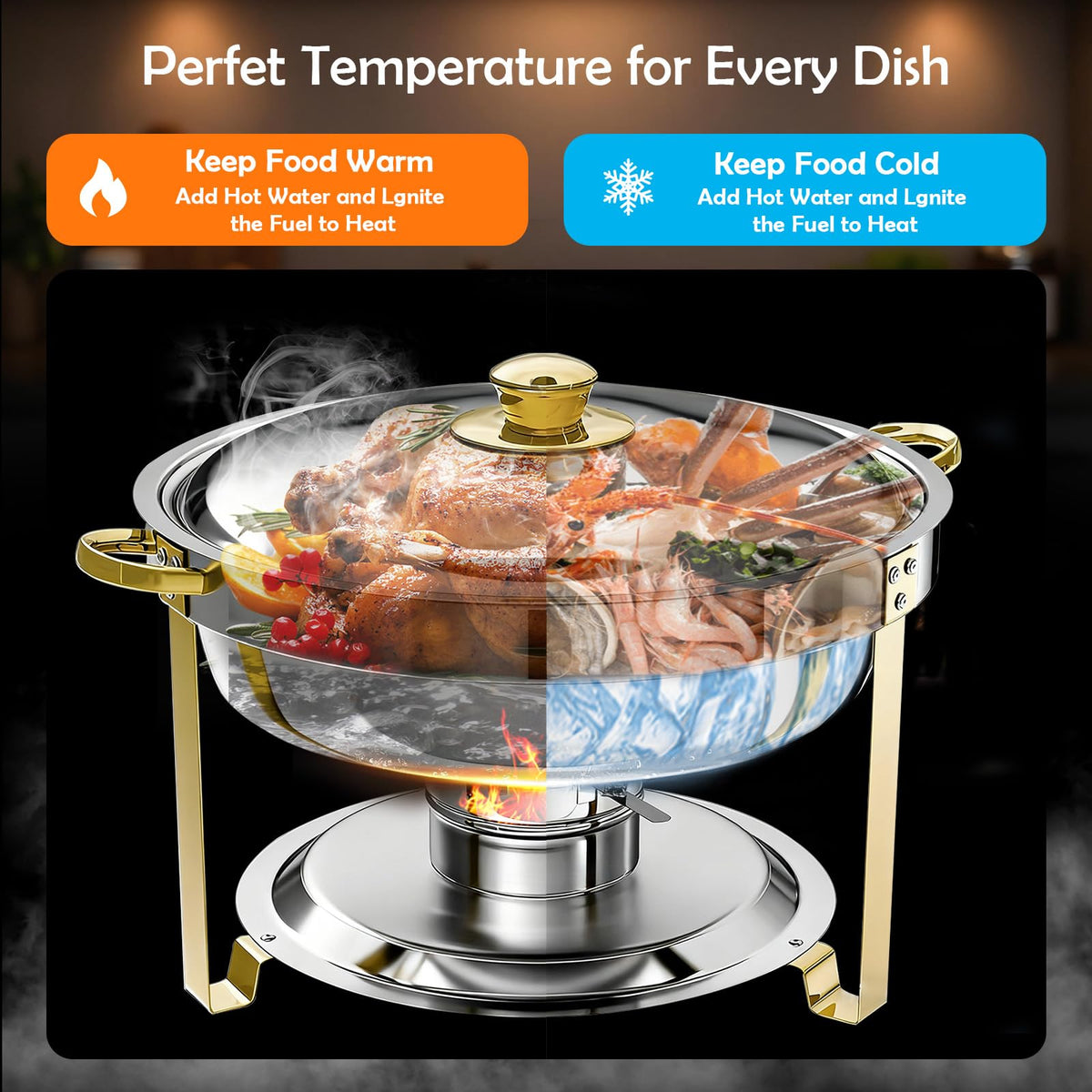 ALSO GO 6qt round chafing dish offers generous capacity for hearty servings at large events