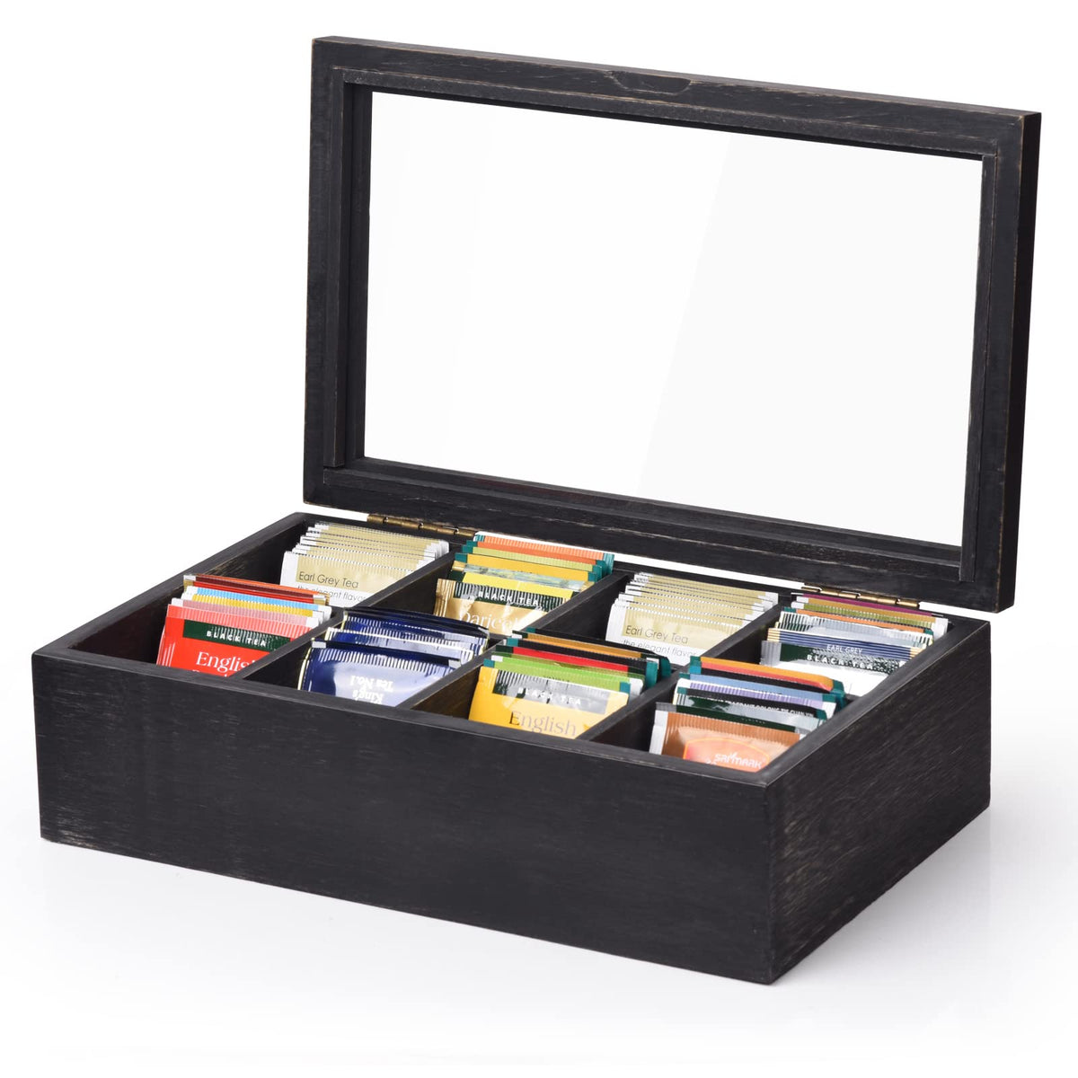 Alsonerbay wooden tea box with glass window displaying bags for quick selection