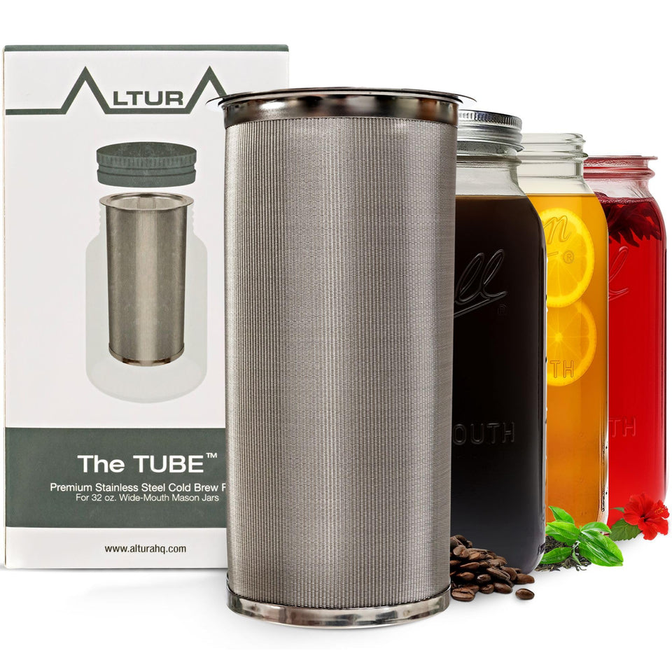 Altura The TUBE brewing setup shown with a wide-mouth jar for smooth cold brew.