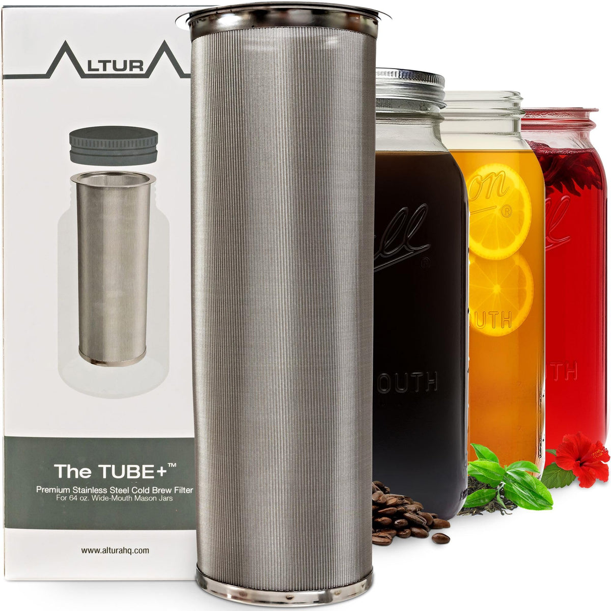 Altura The TUBE+ cold brew filter for smooth iced coffee in a mason jar.