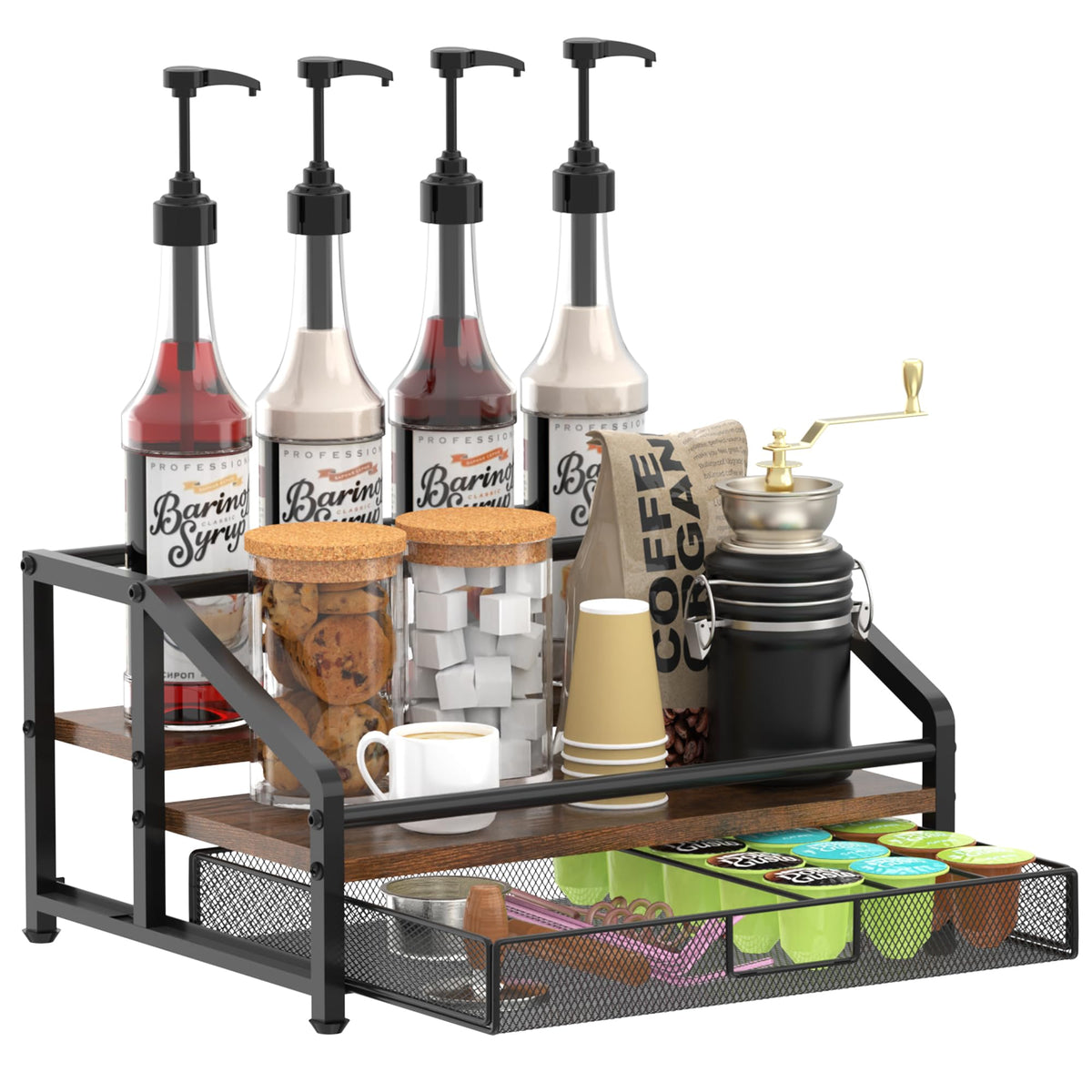 Alyoen 3-tier syrup organizer front view with ample bottle storage for easy access