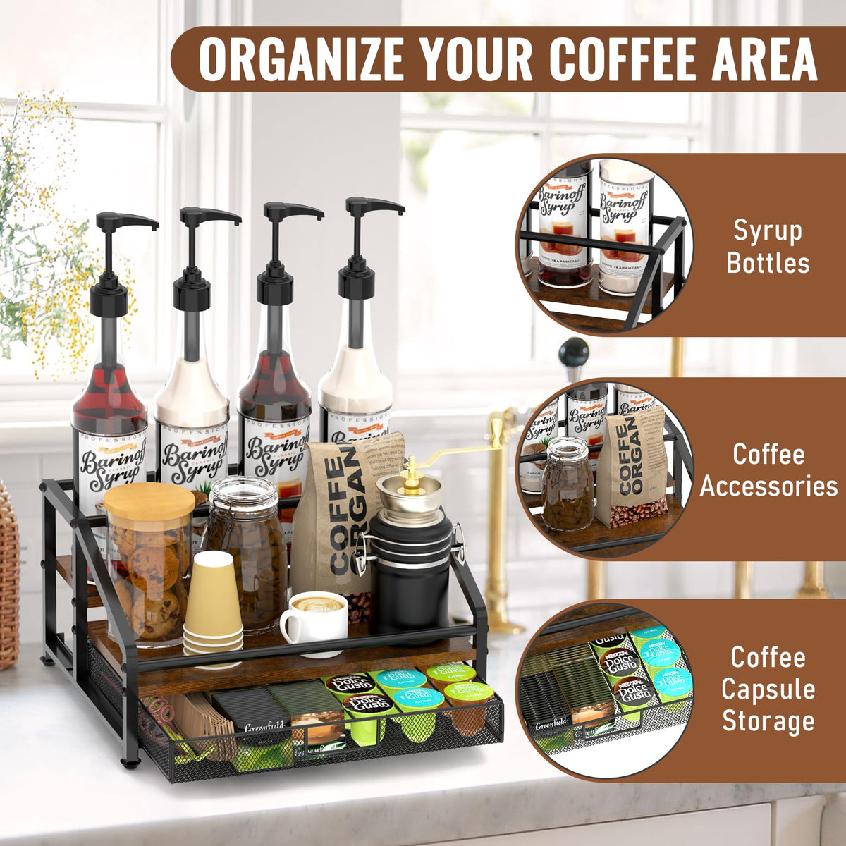 Alyoen on-counter setup featuring neatly organized syrups and coffee accessories