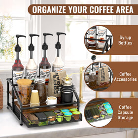 Alyoen on-counter setup featuring neatly organized syrups and coffee accessories