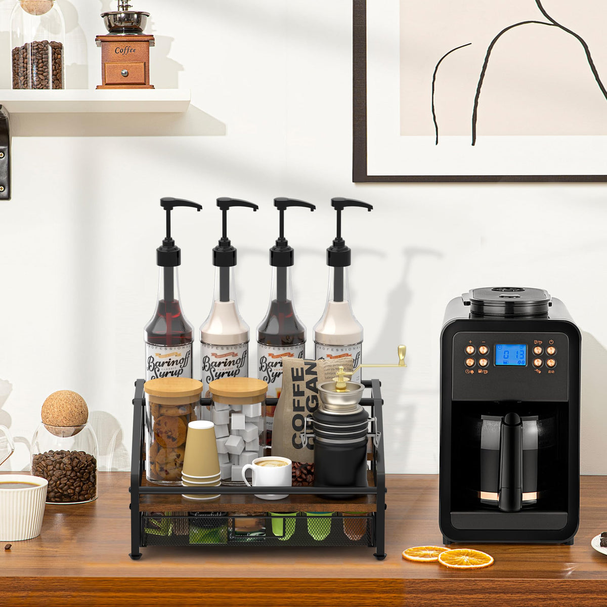 Alyoen pull-out drawer shows 35 K-Cup capacity and accessory space