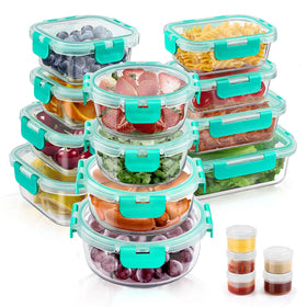 AMALEKO 34-piece glass storage set with airtight lids for spill-free meal prep.