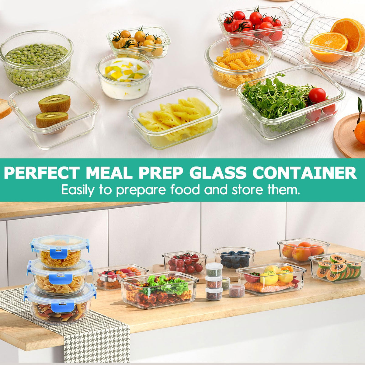 AMALEKO rectangular 12oz glass container with lid for compact storage.