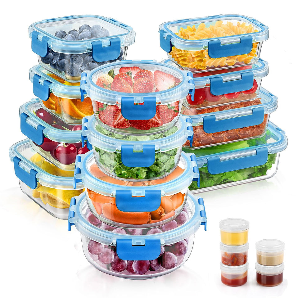 AMALEKO 34pc square 11oz glass storage with lid keeps snacks fresh.