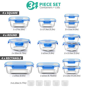 AMALEKO 34pc square 17.5oz glass storage with lid for meal prep.
