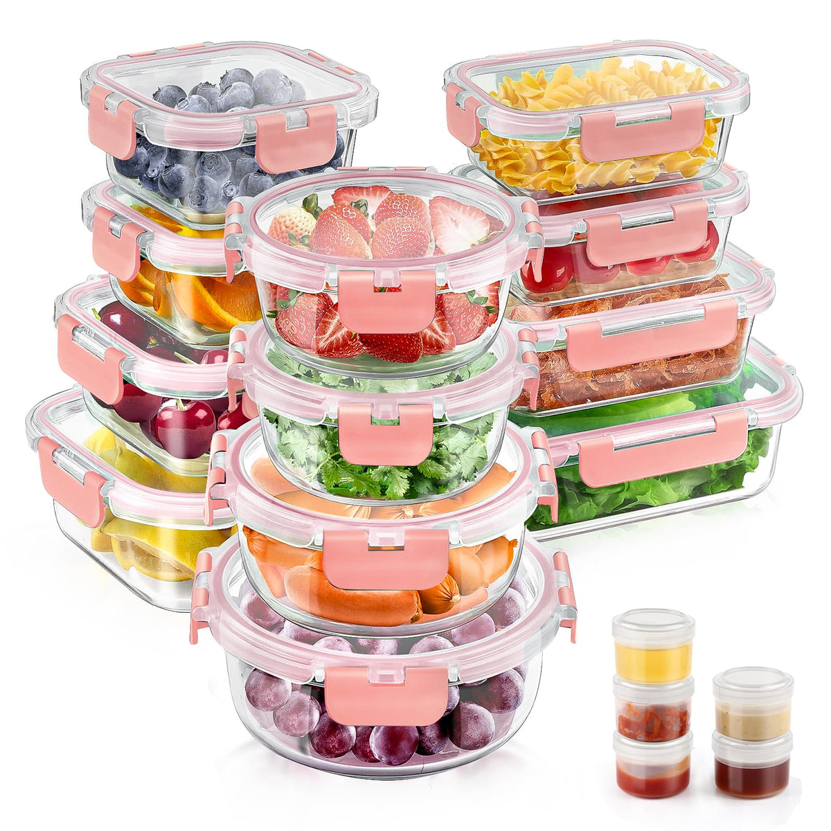 Amaleko 34-piece glass storage set with square containers for precise meal prep.