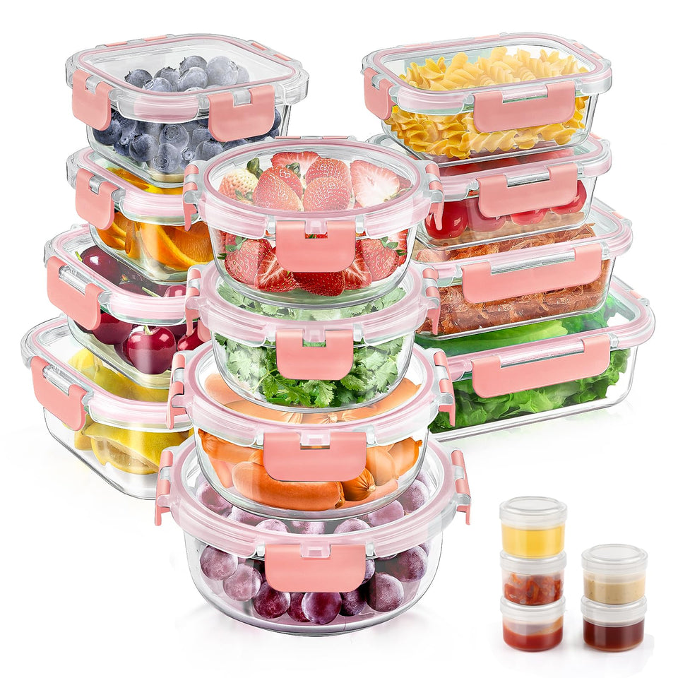 Amaleko 34-piece glass storage set with square containers for precise meal prep.