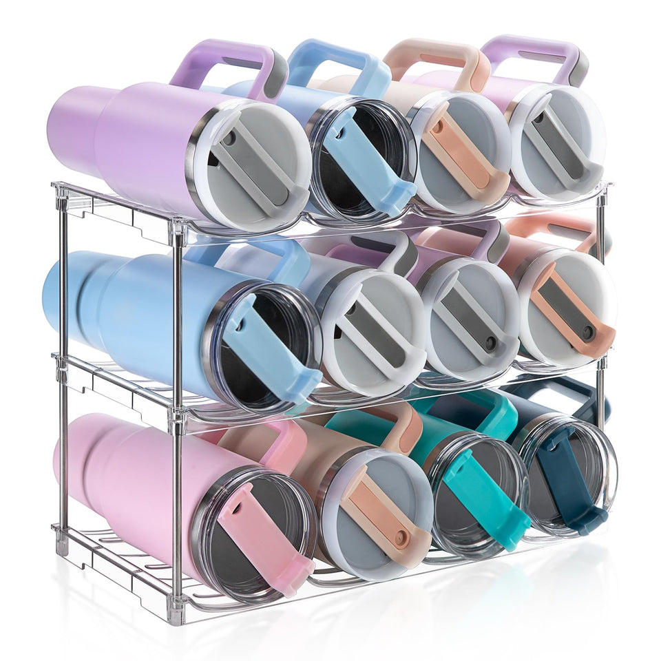 Amaoot larger water bottle organizer holding Stanley 40 oz tumbler in cabinet