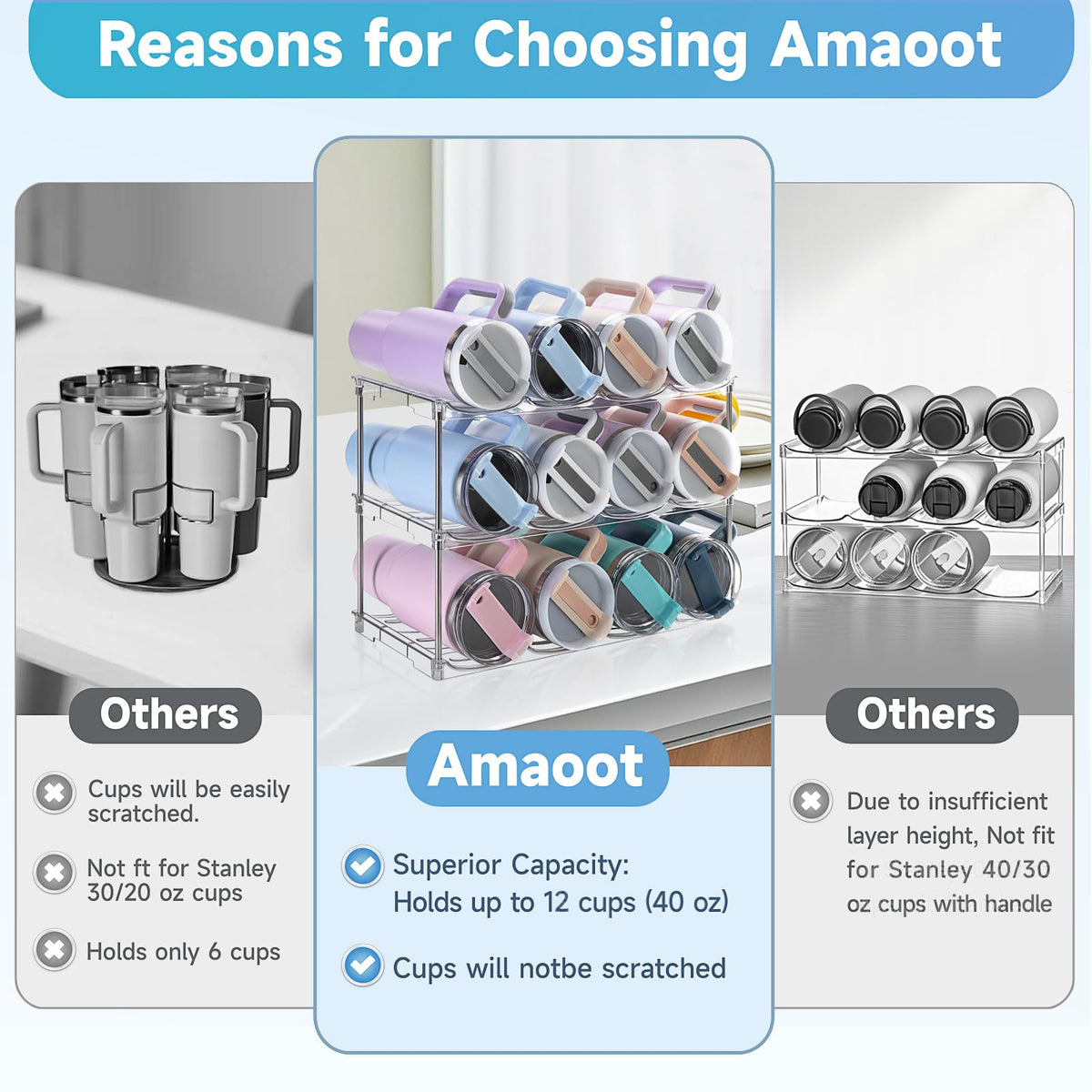 Amaoot stackable cabinet bottle rack shown in a tidy kitchen cabinet