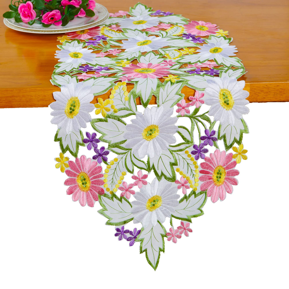 AMARED Spring Daisy Table Runner decorates living spaces with a fresh seasonal mood and easy care
