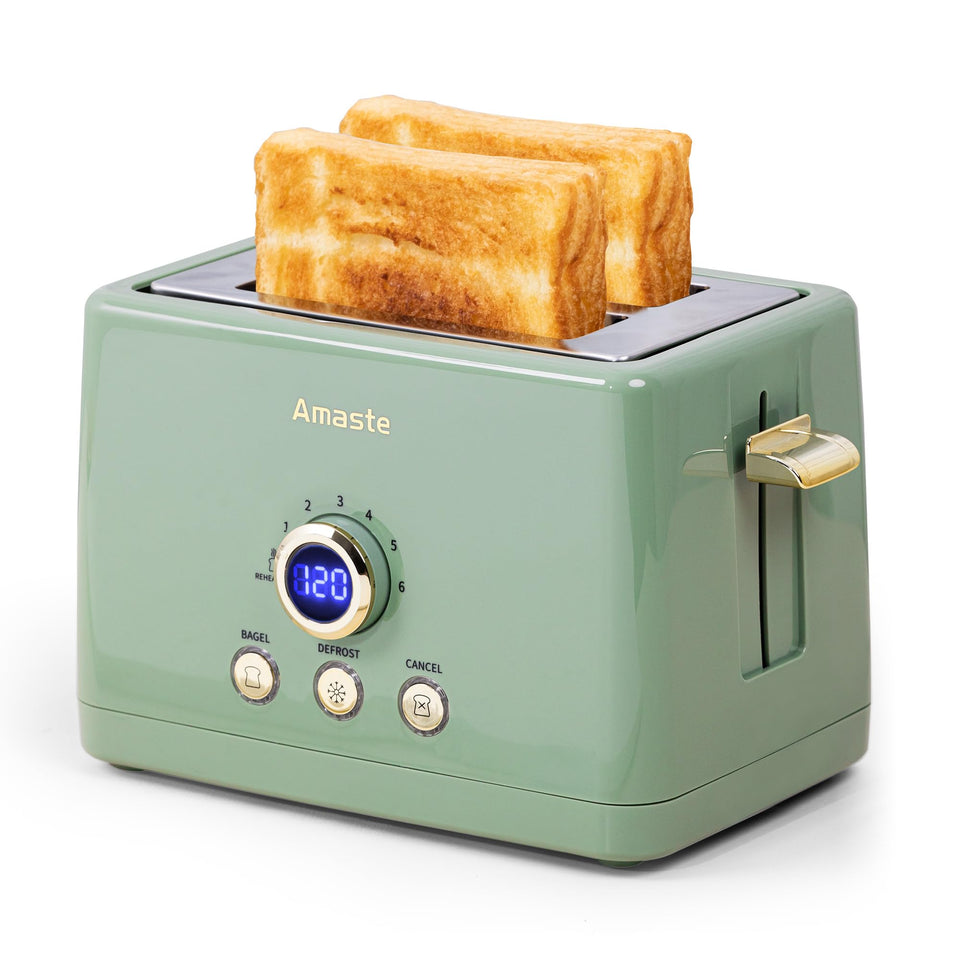 AMASTE 2-slice toaster with LED countdown for precise browning.