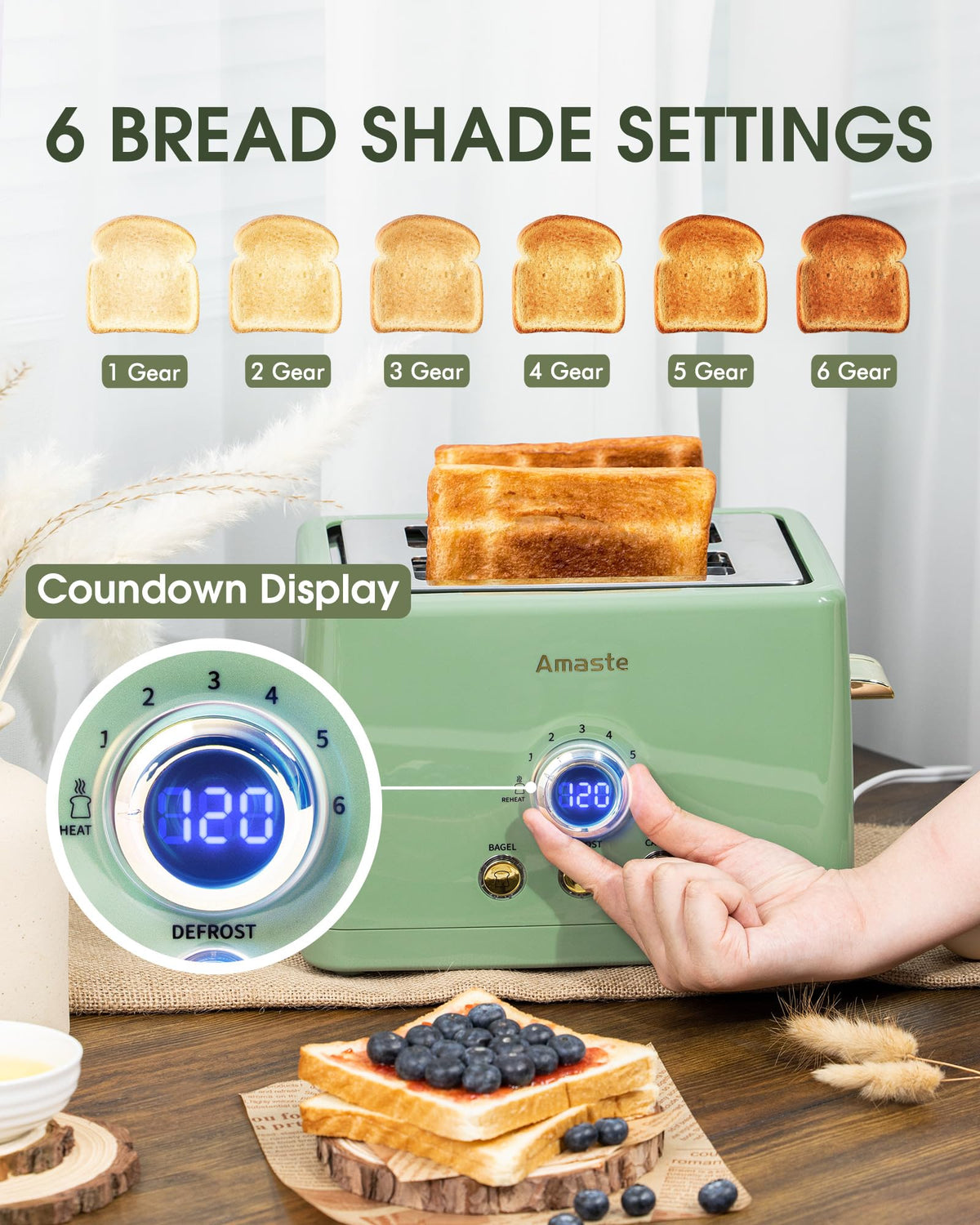 AMASTE toaster with 1.5-inch slots for thick bread.