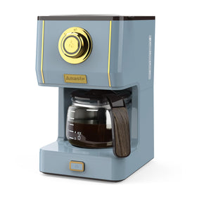 Amaste coffee maker ash blue front view; compact retro design fits small kitchens.