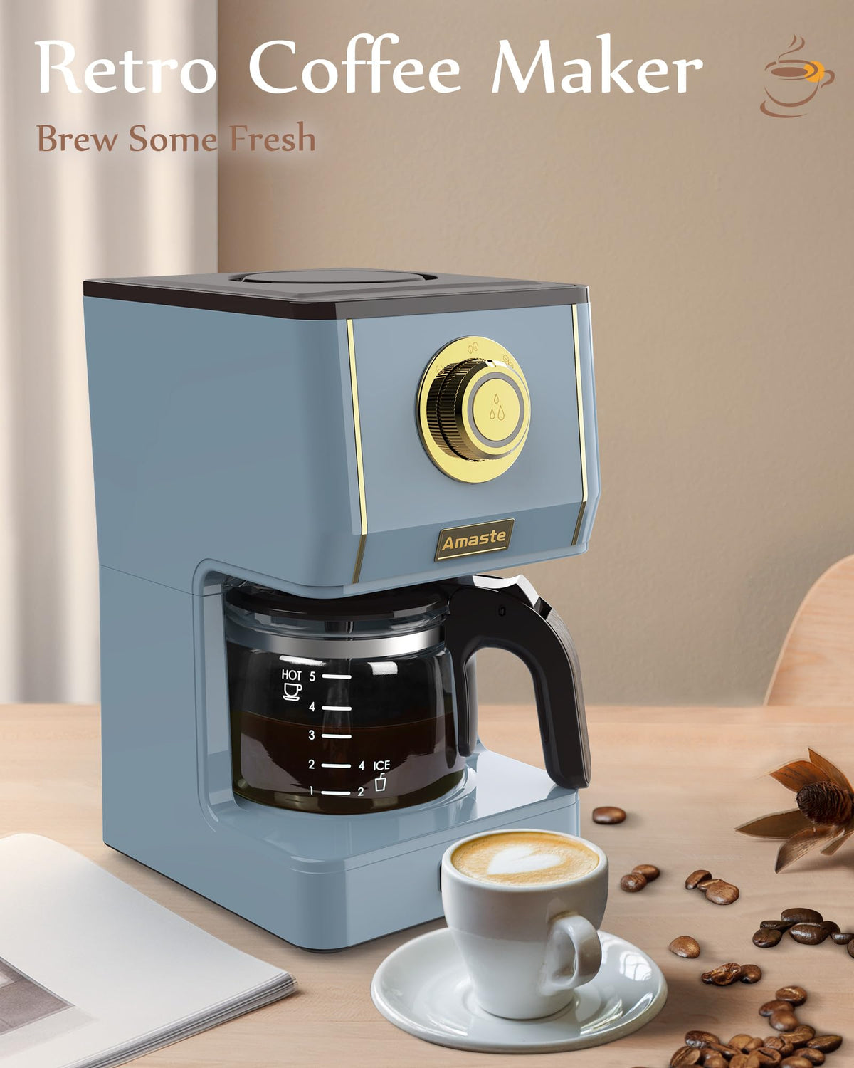 Amaste coffee maker ash blue glass carafe with easy viewing of coffee levels.