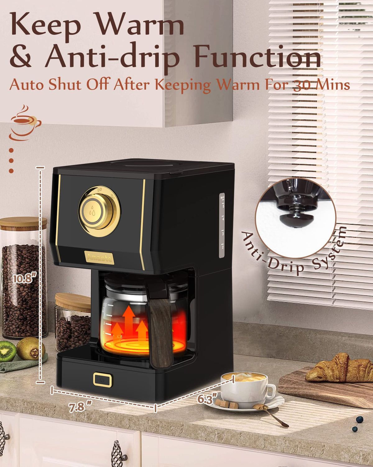 Amaste CM 1003AE in Arabica Black on a stylish kitchen shelf.