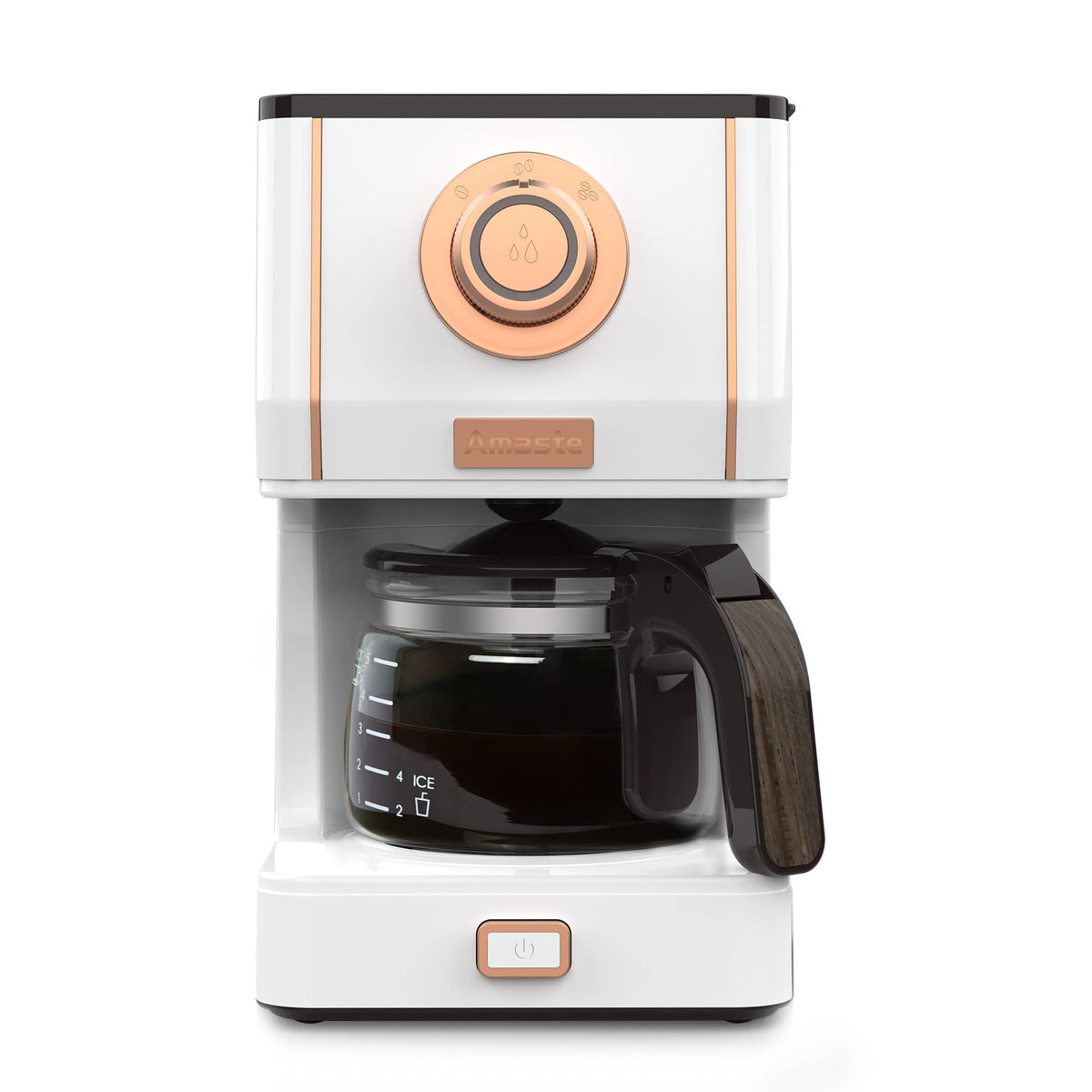 Amaste retro-style coffee machine with glass pot, compact footprint for small spaces.