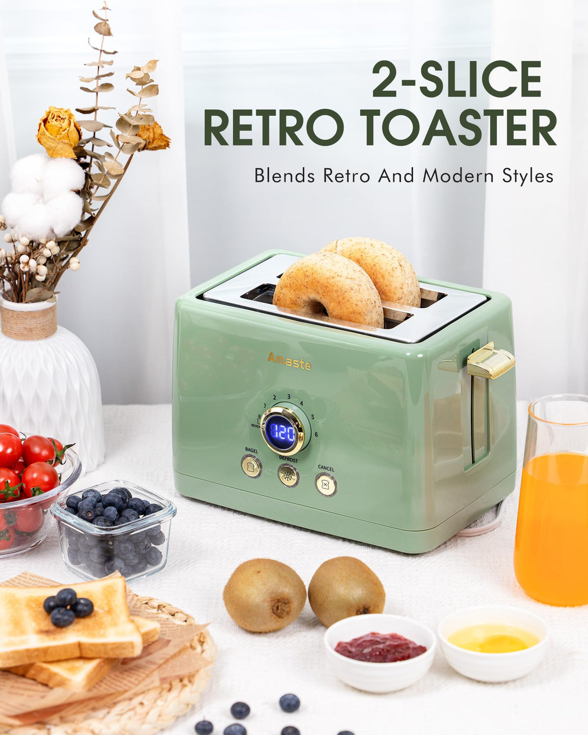 AMASTE bagel mode and defrost for even toasting.