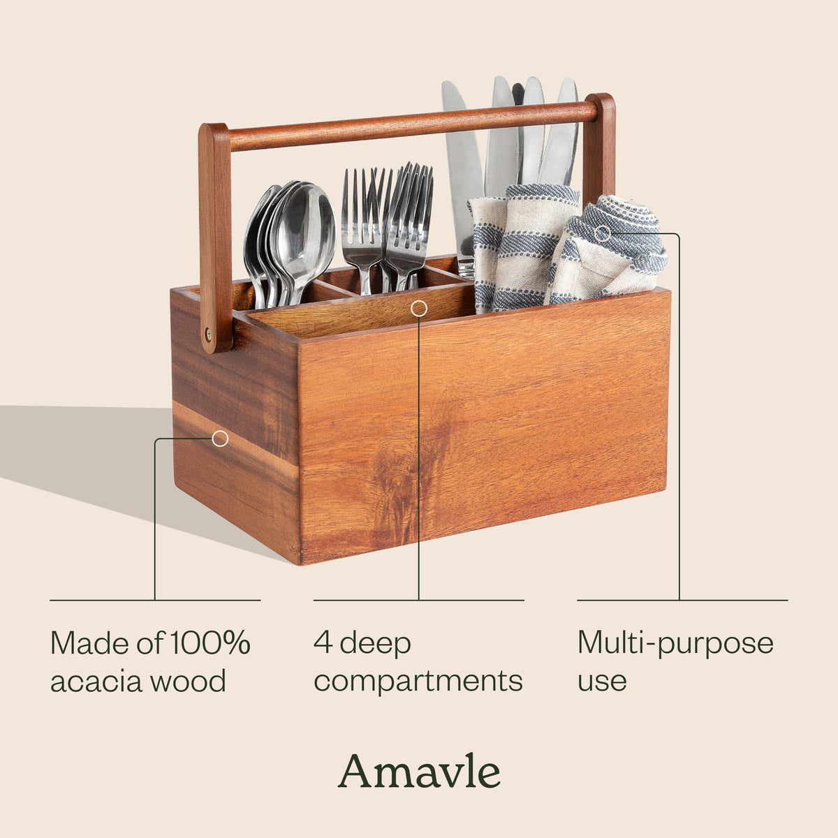 Amavle Acacia Wood Kitchen Organizer Compartments separate utensils for quick access.