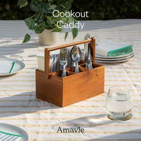 Amavle Acacia Wood Silverware Holder keeps cutlery within reach.