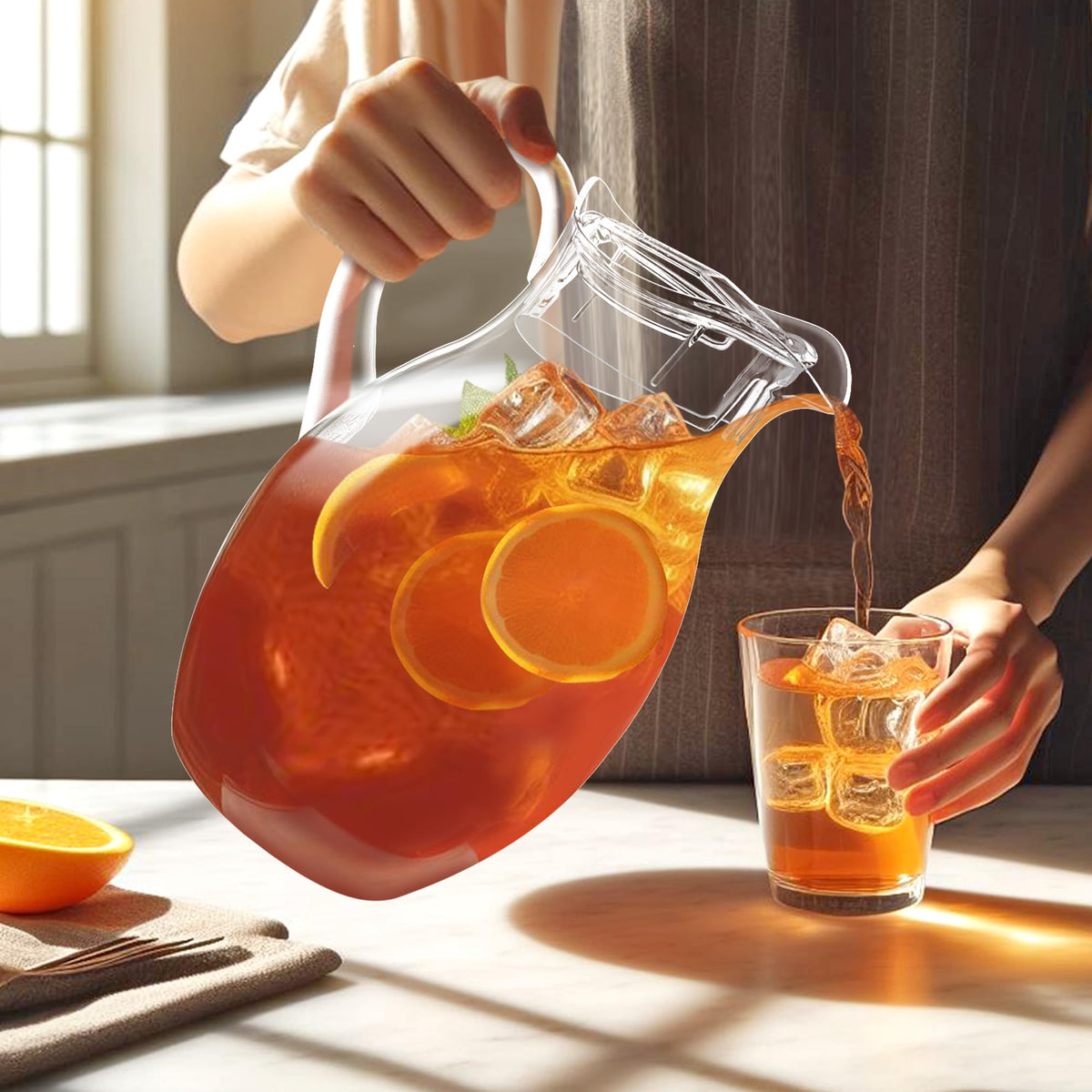 Amazing Abby Bubbly Grand pitcher, clear body, ideal for iced tea and juice.