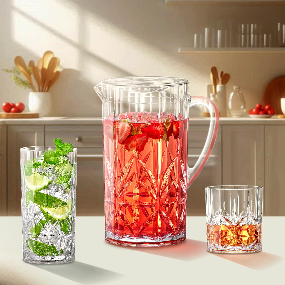 Amazing Abby Stately clear acrylic pitcher showcases drinks with a sturdy, comfortable handle.