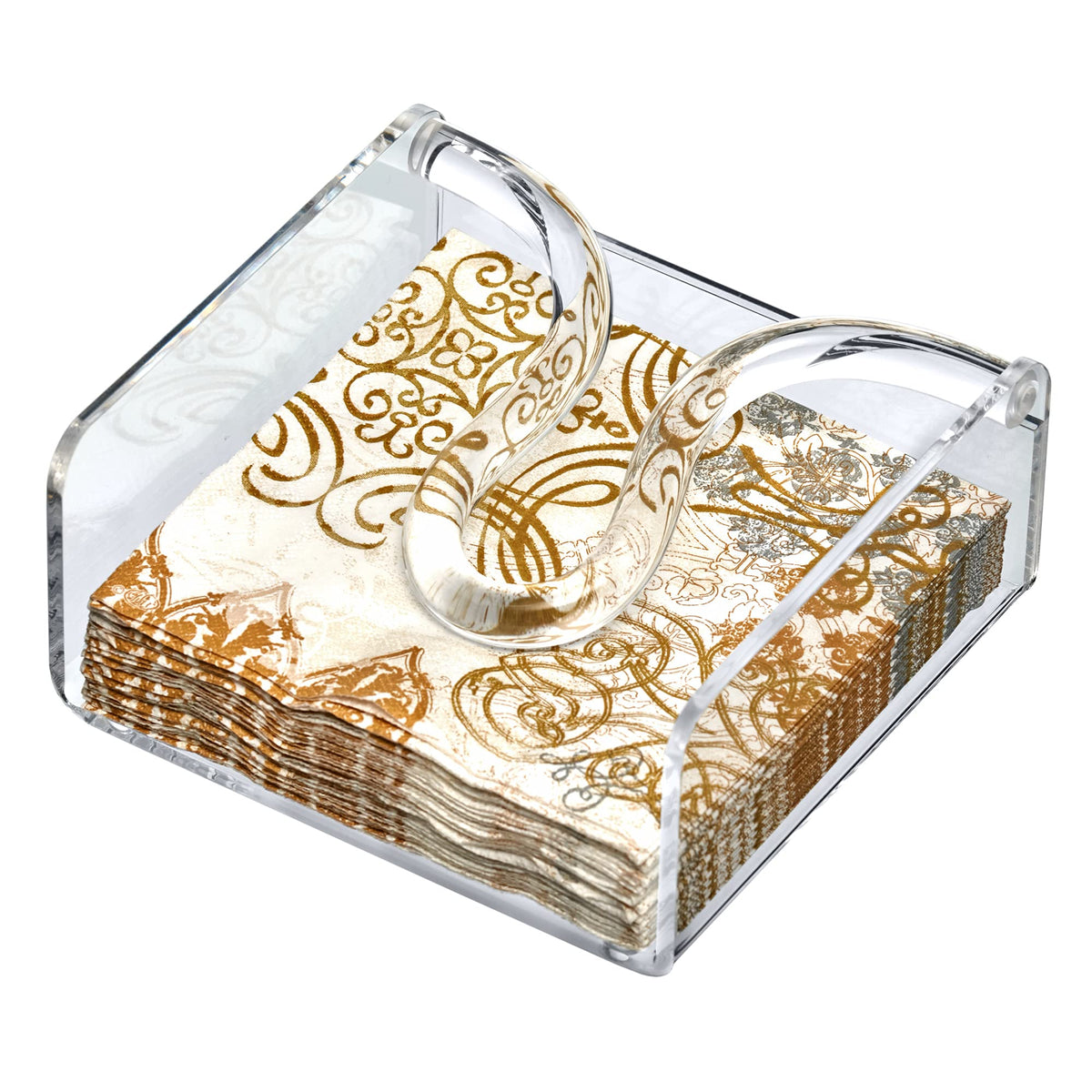Amazing Abby acrylic cocktail napkin holder, clear front view, keeps counters organized.