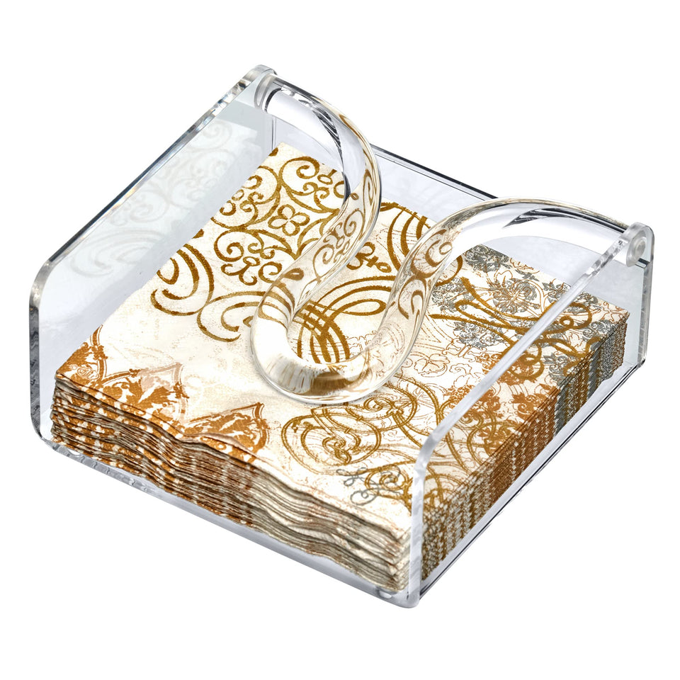 Amazing Abby acrylic cocktail napkin holder, clear front view, keeps counters organized.