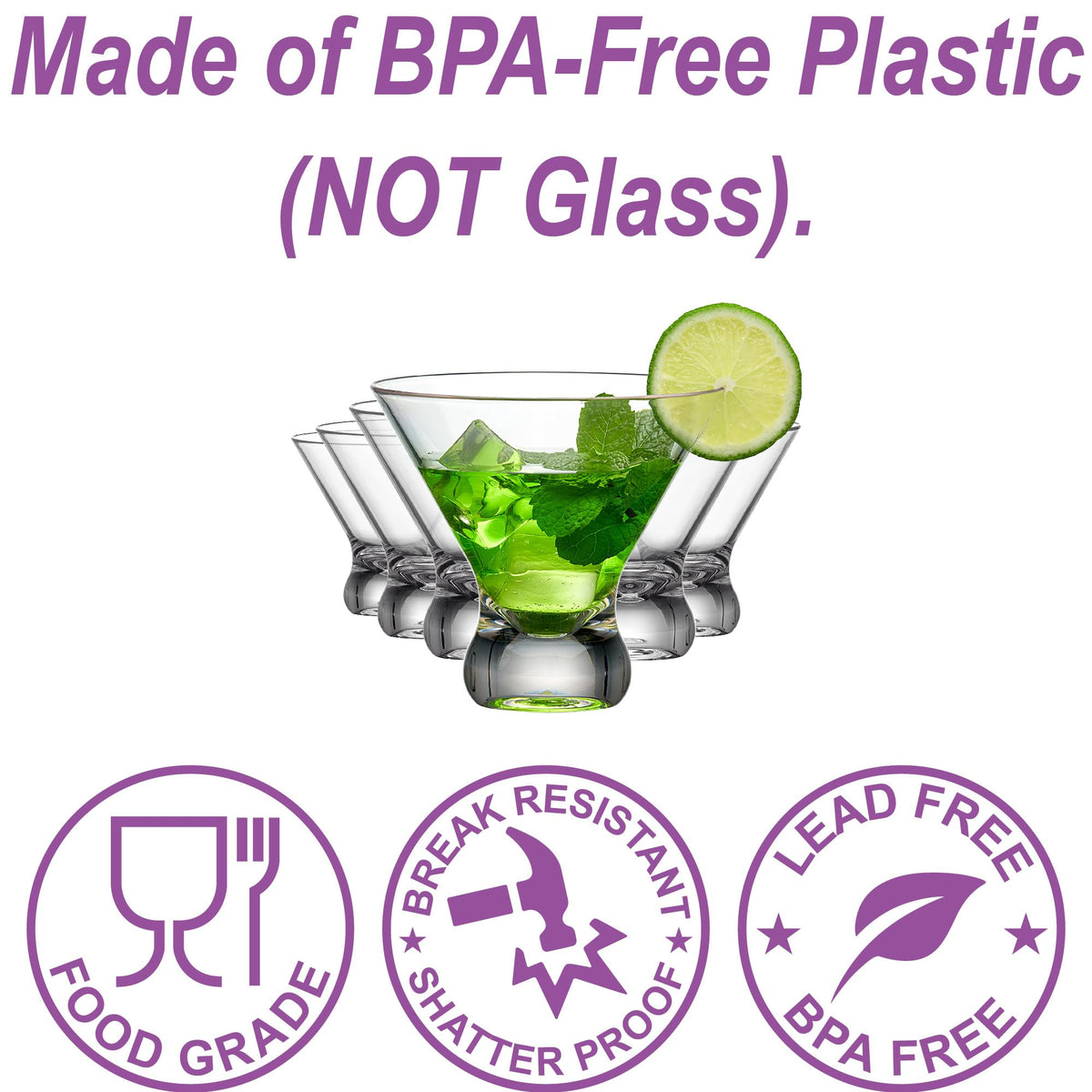 Amazing Abby Olivia dishwasher-safe plastic martini glasses for easy cleanup.
