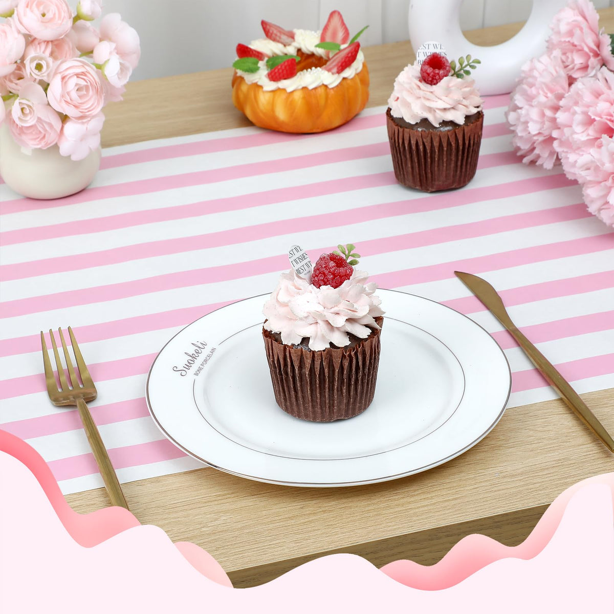 AmazingSpark pink and white stripes enhance holiday table styling for Christmas dinners