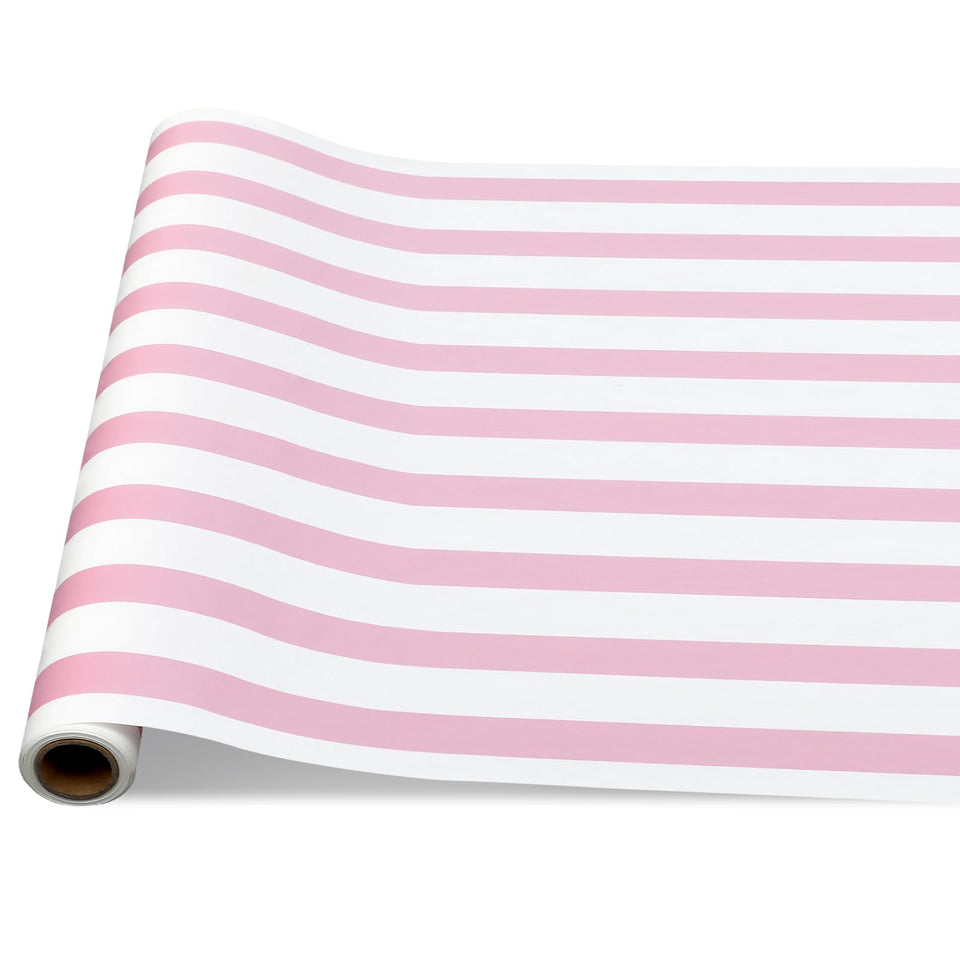 AmazingSpark pink striped table runner unfurled on a farmhouse table adding festive elegance