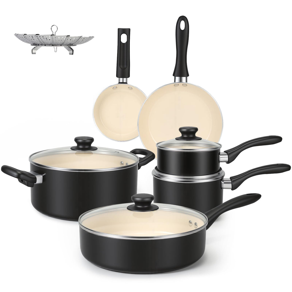 Amazon Basics 11-piece ceramic non-stick set ready for versatile everyday cooking.