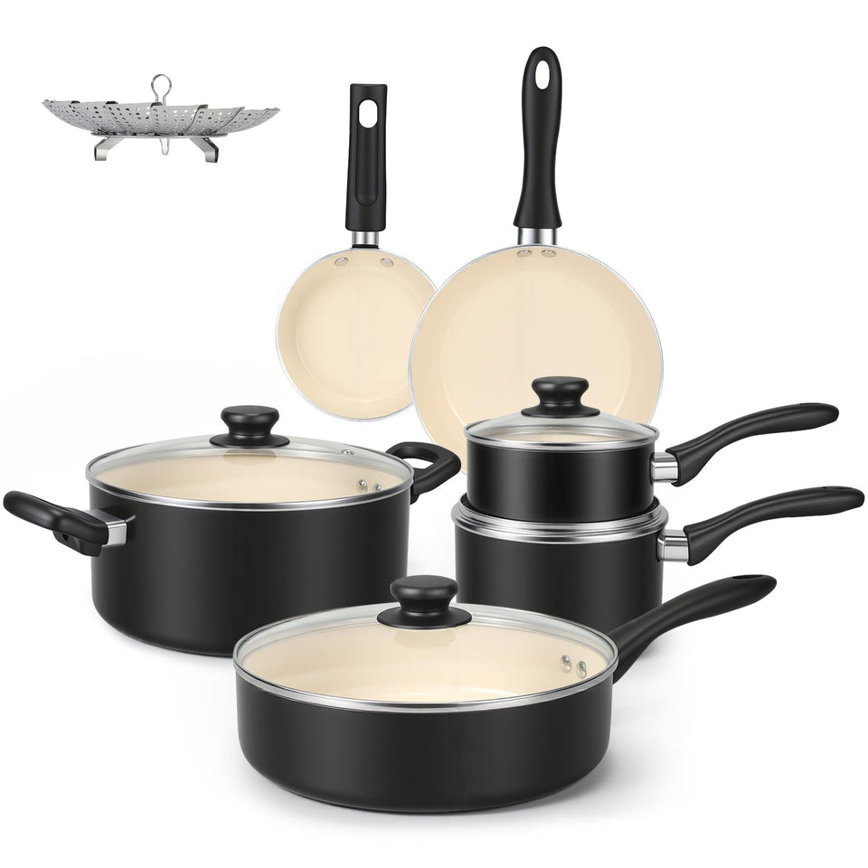 Amazon Basics 11-piece ceramic non-stick set ready for versatile everyday cooking.