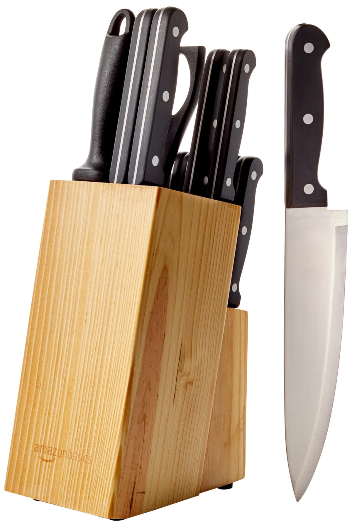 Amazon Basics 14-piece knife set in a pinewood block for organized storage and quick access.