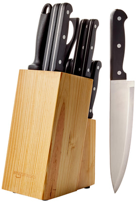 Amazon Basics 14-piece knife set in a pinewood block for organized storage and quick access.