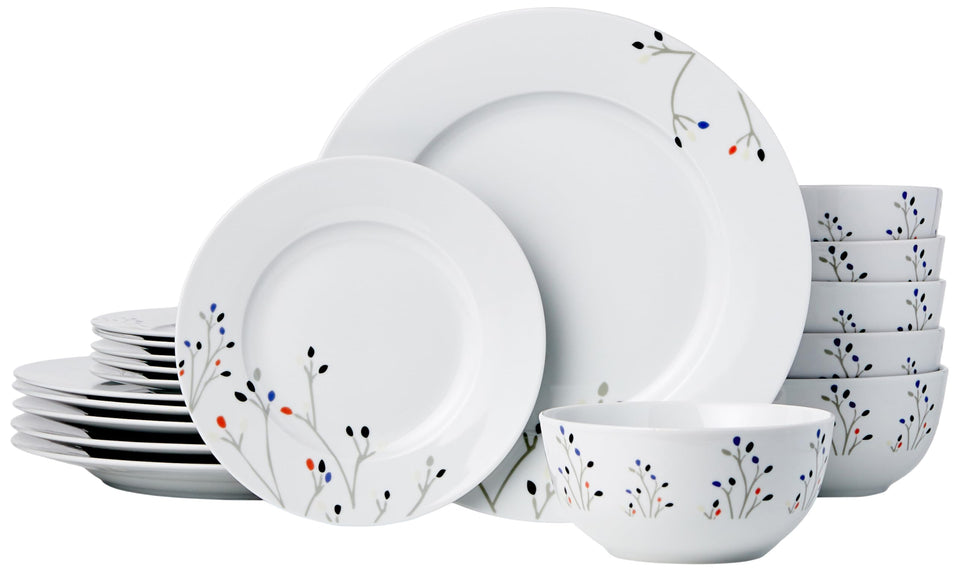 Amazon Basics Branches 18-piece dinnerware set shown in a coordinated place setting, durable porcelain for everyday meals.
