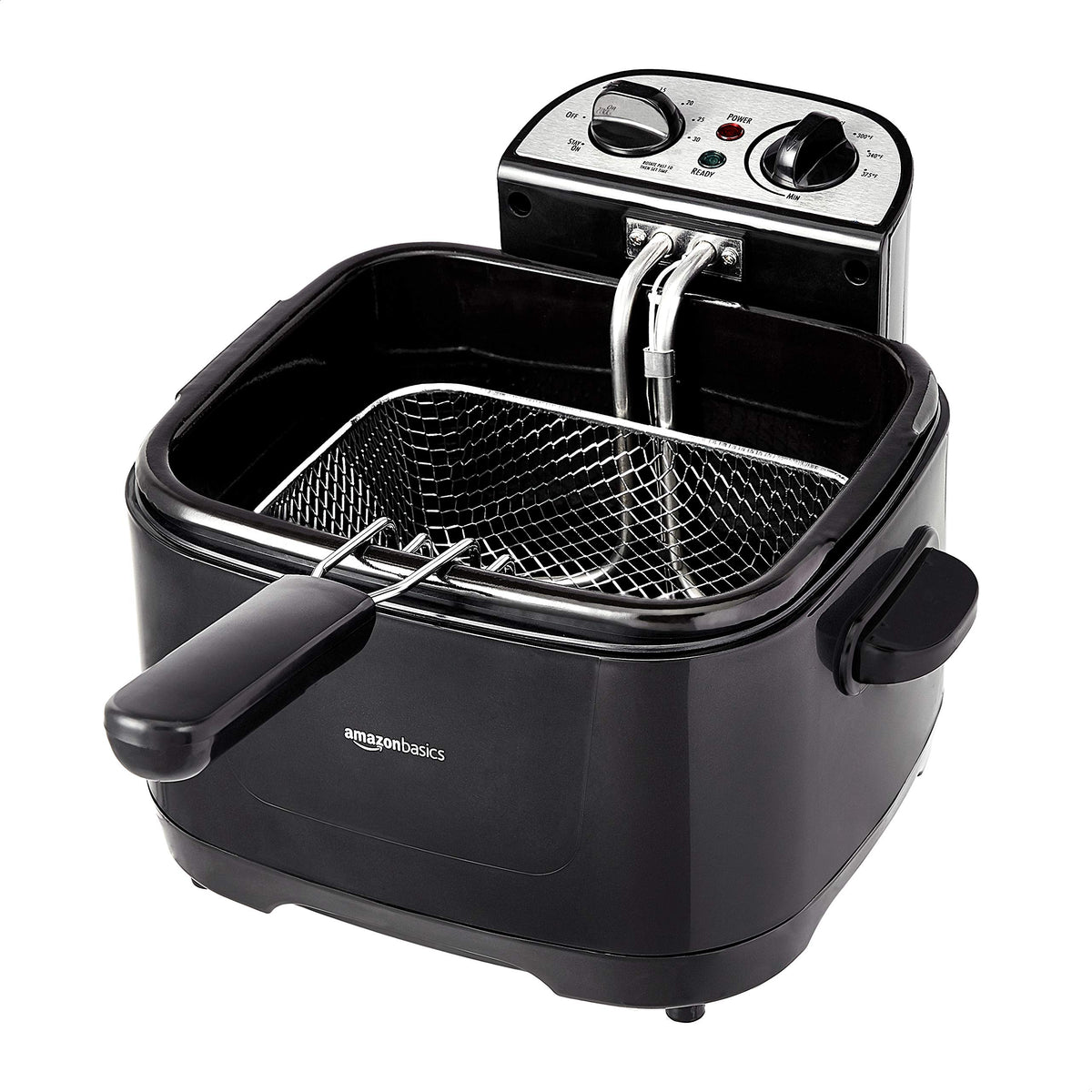 Amazon Basics deep fryer basket with hooks for easy draining after cooking.