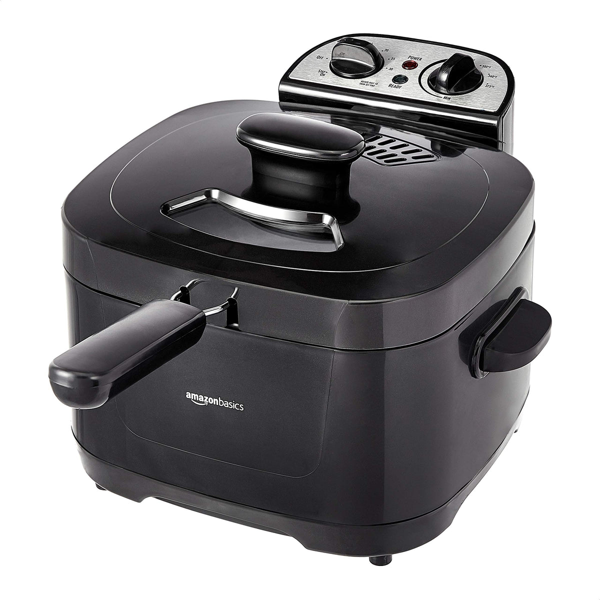 Amazon Basics 2.1-Qt electric deep fryer front view, compact and efficient for home kitchens.