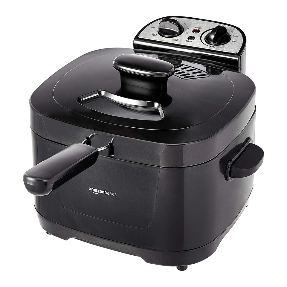 Amazon Basics 2.1-Qt electric deep fryer front view, compact and efficient for home kitchens.