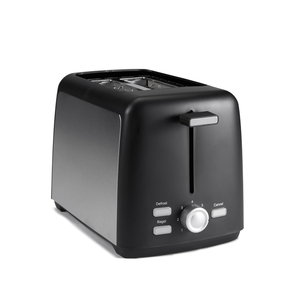 Amazon Basics 2-Slice Toaster front view with extra-wide slots for bagels and artisan bread