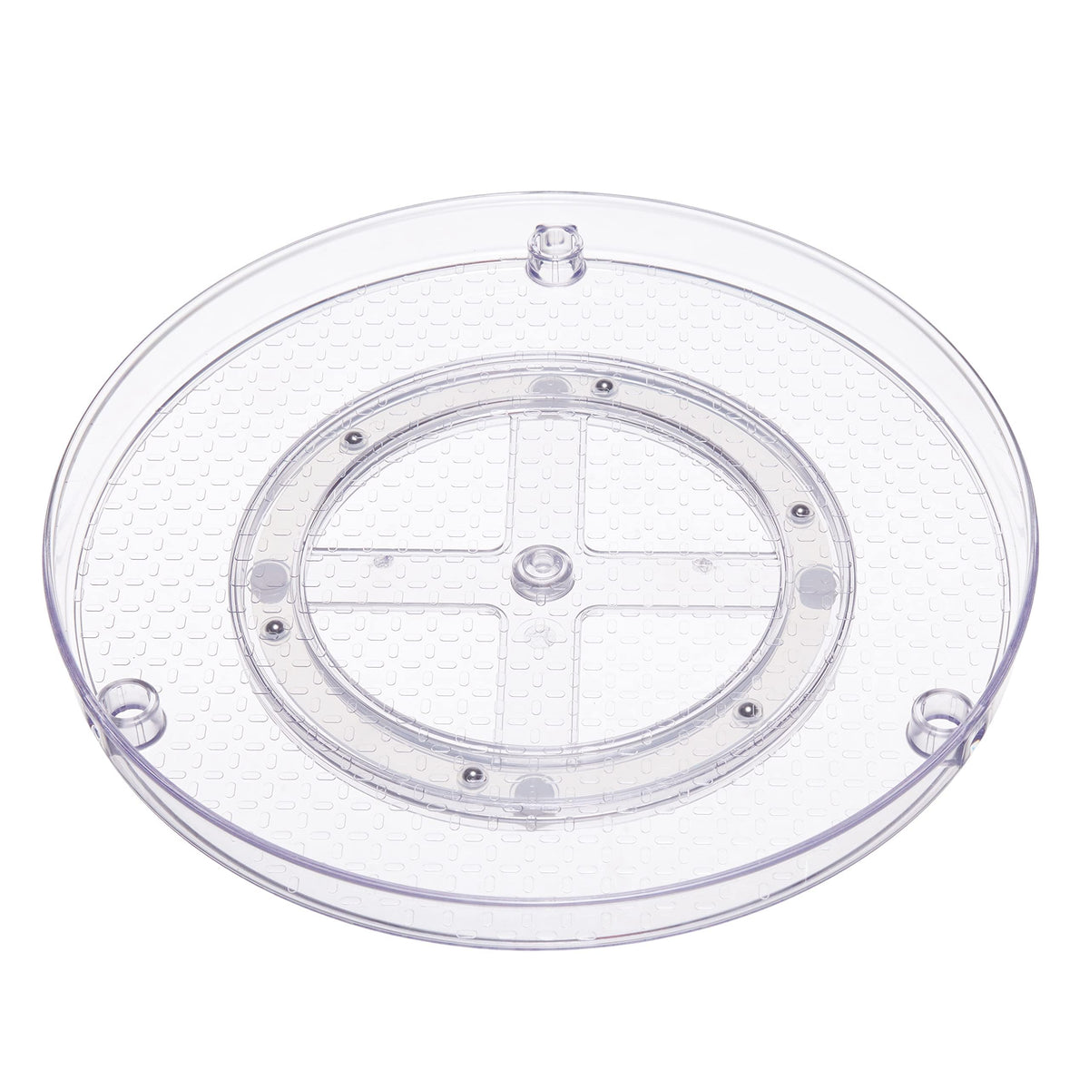 Amazon Basics two-tier lazy susan clear-plastic close-up shows non-slip coating