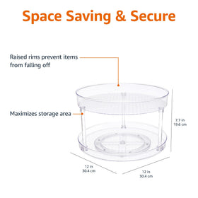 Amazon Basics two-tier lazy susan open-rotating view highlights clear BPA-free plastic
