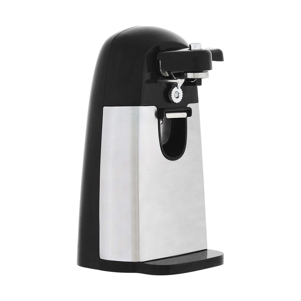 Amazon Basics 3-in-1 front view; sleek can opener for easy countertop use