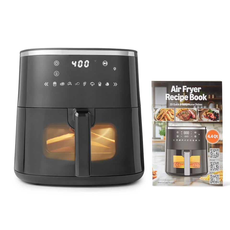 Amazon Basics 4-4 quart air fryer with Easy View Window for hands-free meal monitoring.