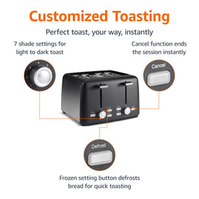 Amazon Basics toaster with bagel slot showing capacity for thick slices.