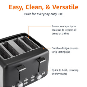 Amazon Basics toaster with removable crumb tray for simple cleanup after meals.
