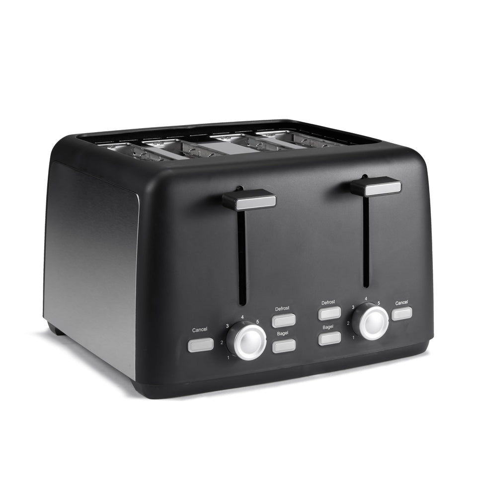 Amazon Basics 4-slice toaster front view with extra-wide slots for bagels, ideal for quick breakfasts.